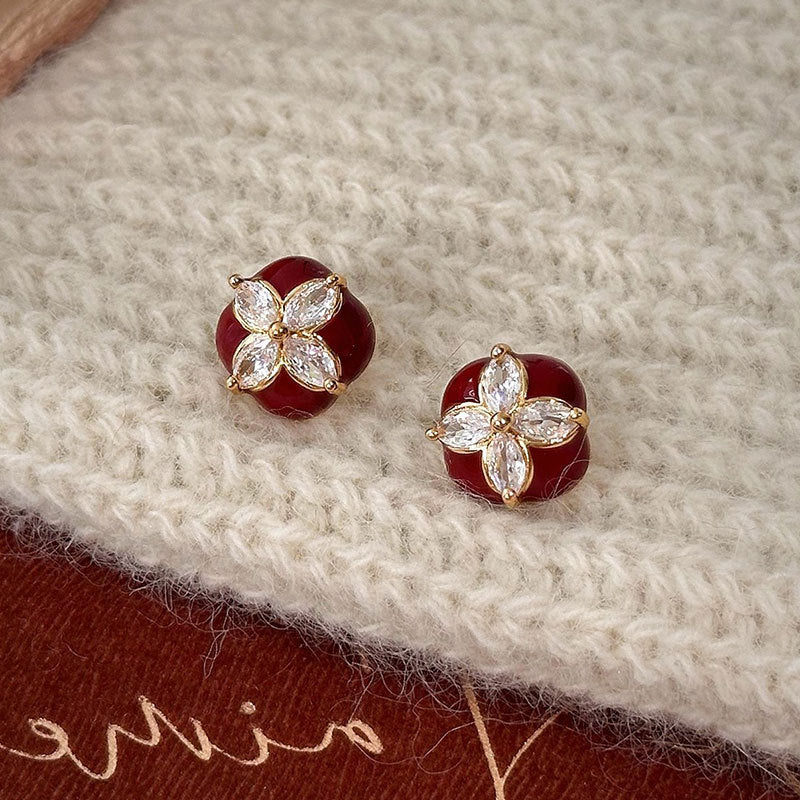 Women's Flower Red Drip Square For Mild Luxury Retro Fashion Earrings