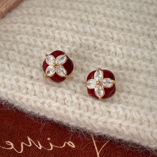 Women's Flower Red Drip Square For Mild Luxury Retro Fashion Earrings
