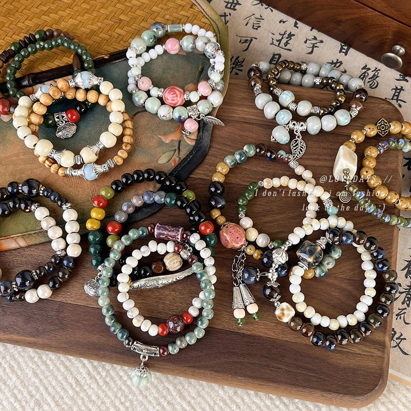 Bracelets élastiques rétro ethniques perlés en céramique de style chinois