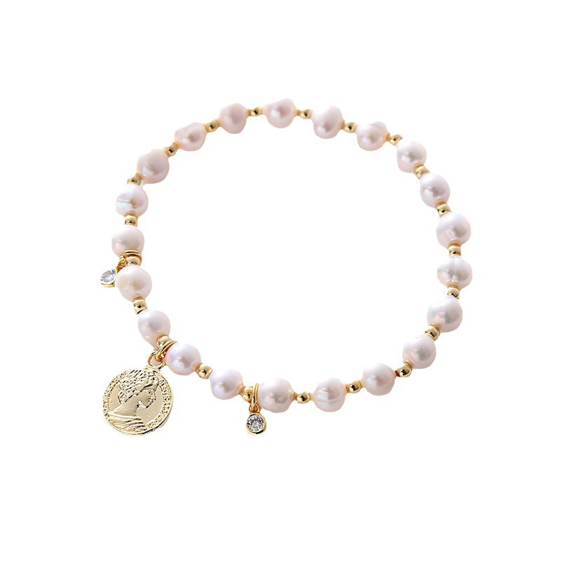 Pearl Metal Portrait Coin Zircon Simple Personality Bracelets