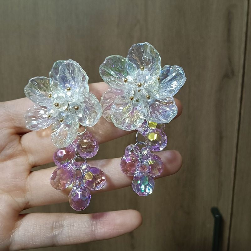 Sier Needle Crystal Flowers Beaded Tassel Fresh Sweet Beautiful Fashion Stud Earrings