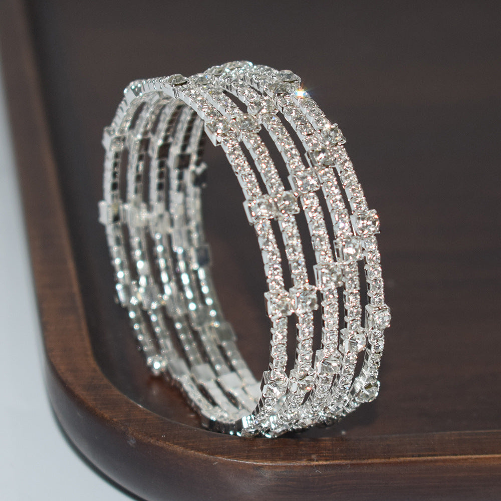 Fashion Gold Sier Color Rows Rhinestone Open-ended Winding Bracelet