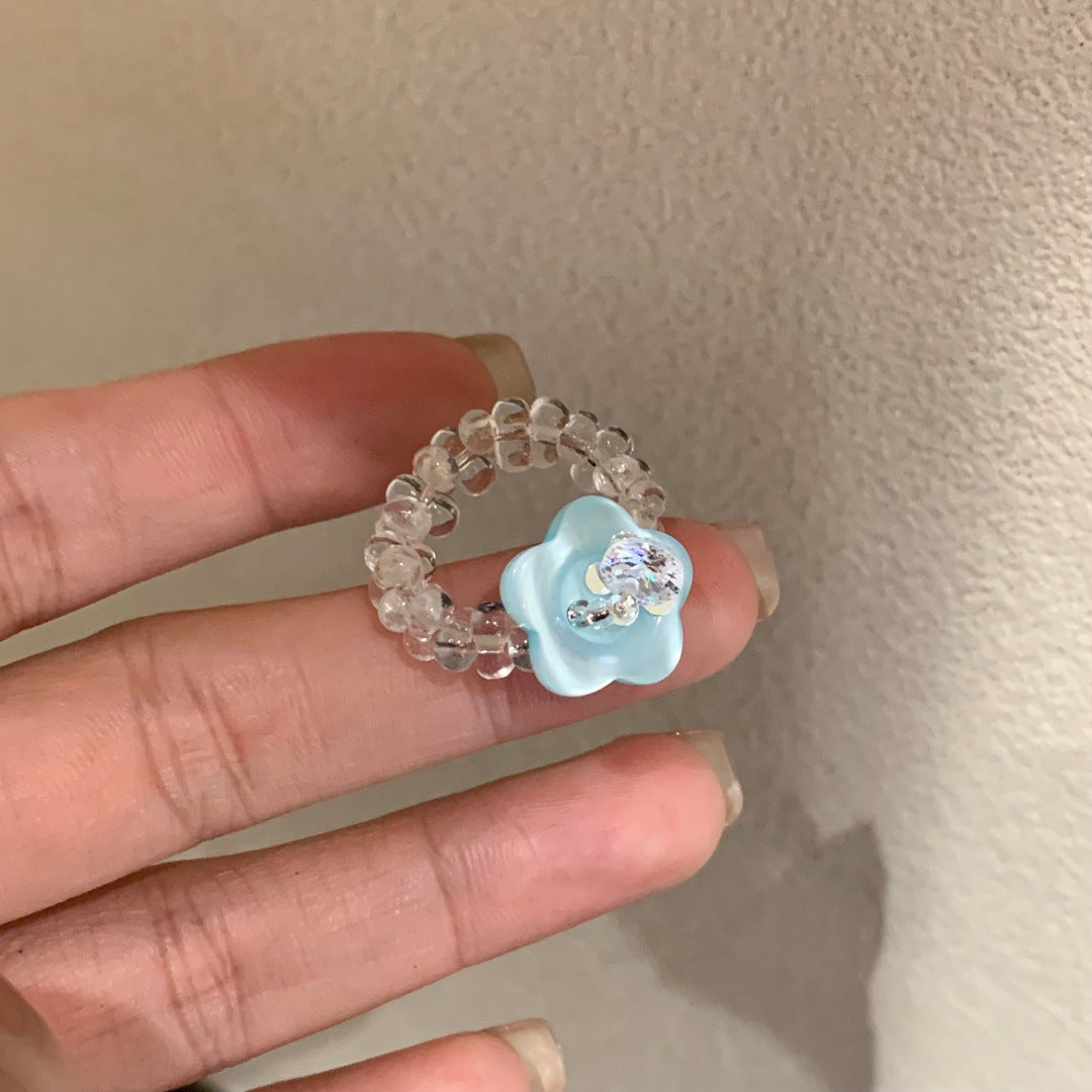 Handmade Flower Button Fun Imported Elastic String Dopamine Color Ring