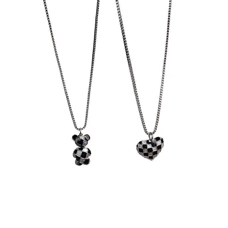 Women's Luxury Minority Chessboard Plaid Bear Heart Necklaces