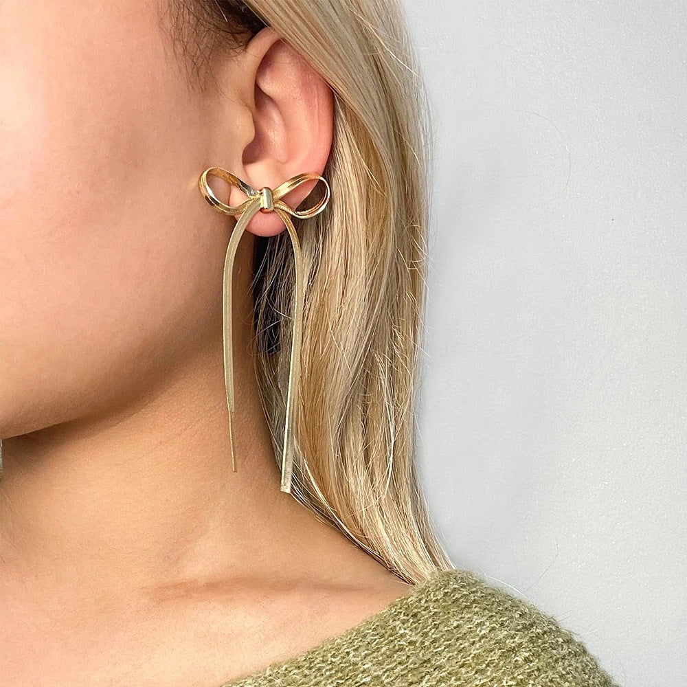 Bow Long Fringe Snake Bones Chain Earrings