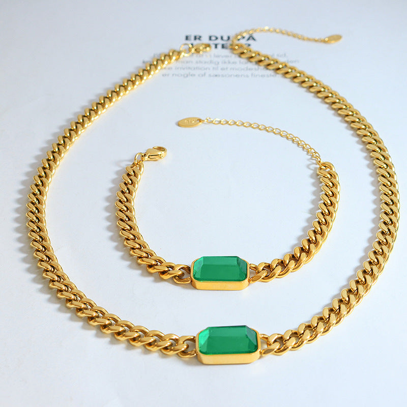 Women's & Men's Exaggerated Thick Chain Cuban Link Metal Hip Hop Glass Stone Jewelry Set
