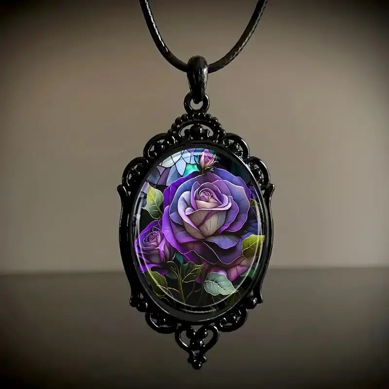 Flowers Print Black Frame Glass Chain Romantic Gift Necklaces