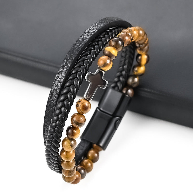 Men's Natural Stone Tiger Eye Agate Cross Bracelet