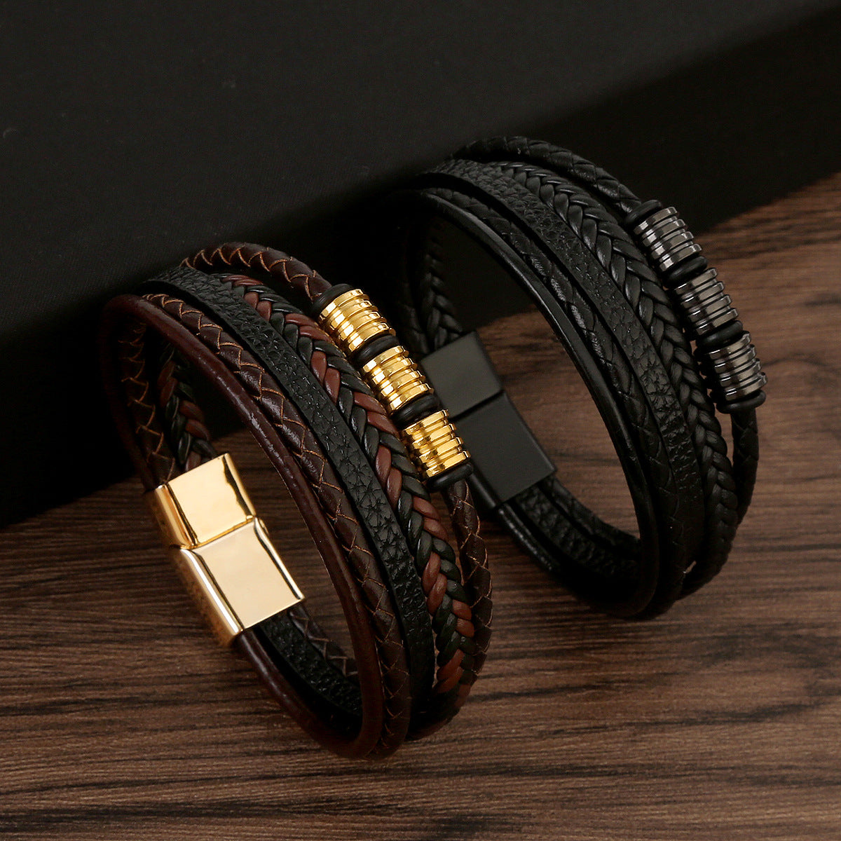 Men's Stainless Steel Woven Leather Magnetic Buckle Bracelets