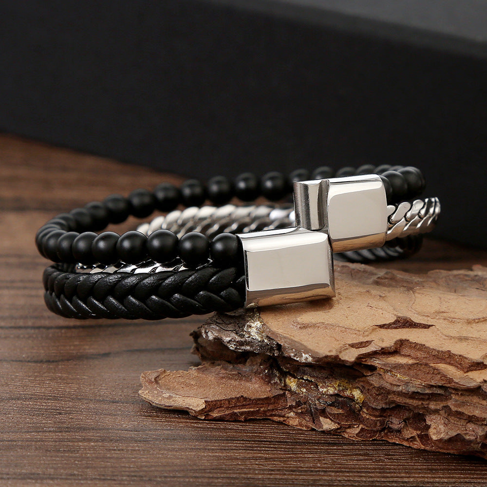 Men's Steel Unique Obsidian String Beads Hand-woven Bracelets