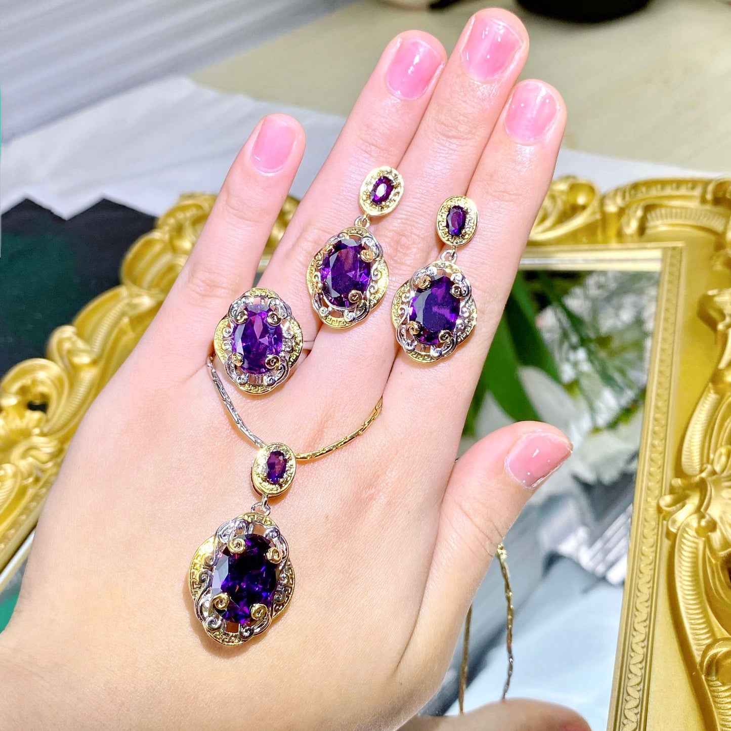 Italian Retro Craft Purple Diamond Gold Amethyst Rings