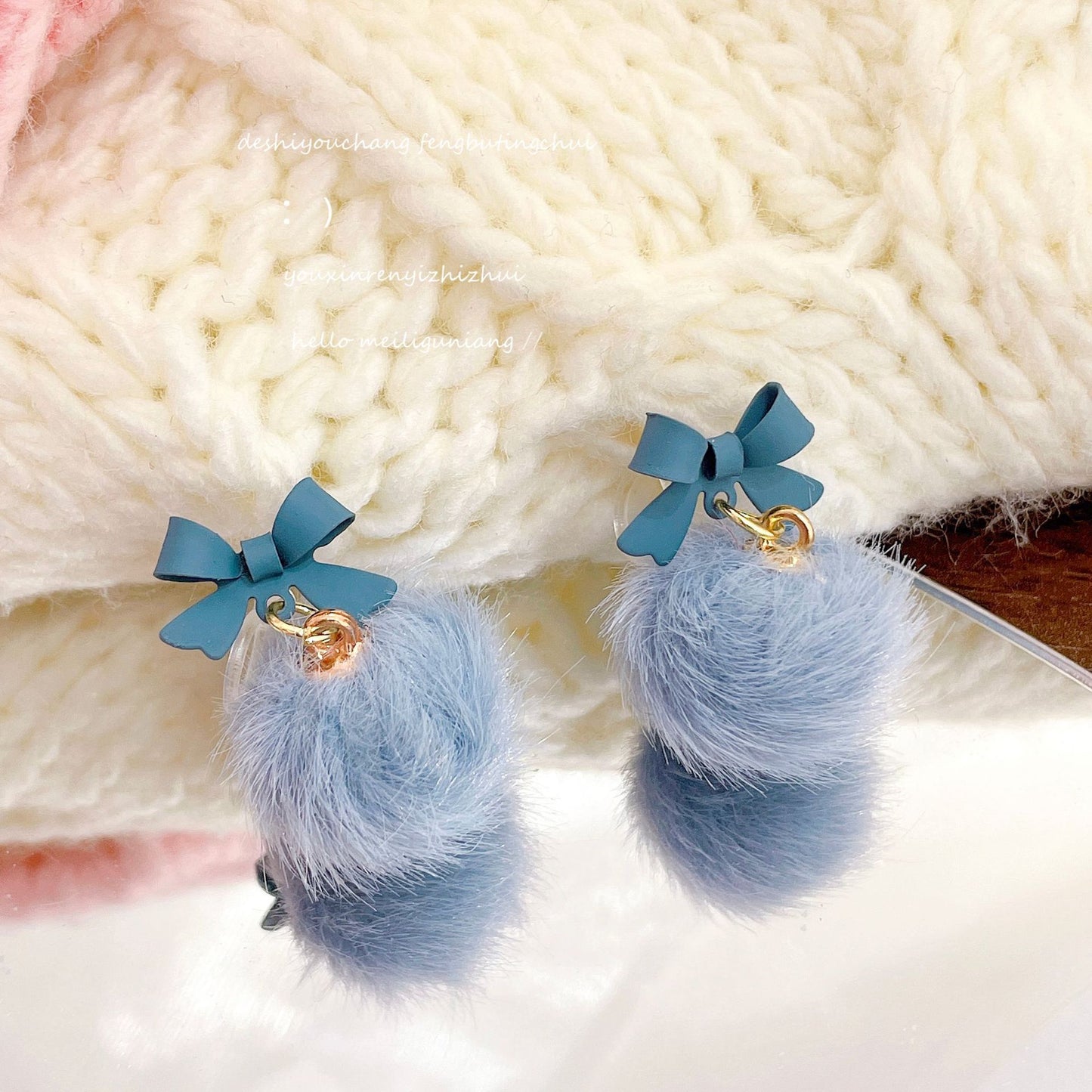 Bow Fur Ball Fairy Ear Clip Earrings