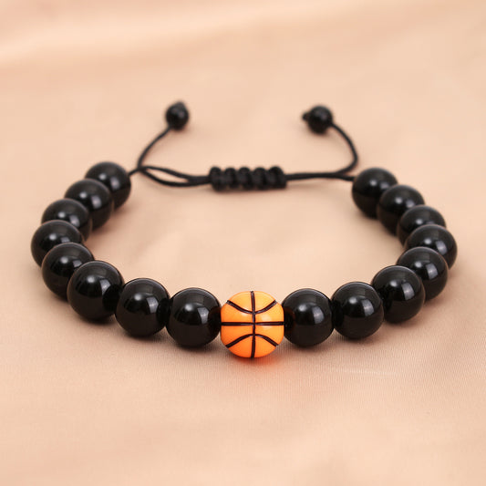 Bracelets de sport en perles d'obsidienne imitation baseball noir pour hommes