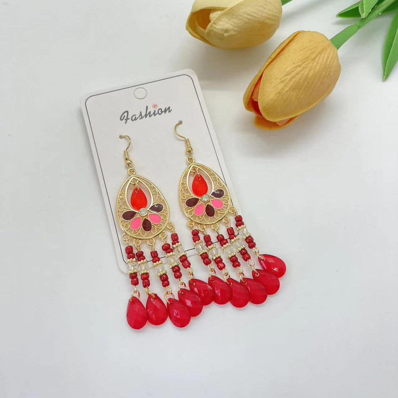 Ethnic Style Tassel Long Bohemian Crystal Yunnan Summer Earrings