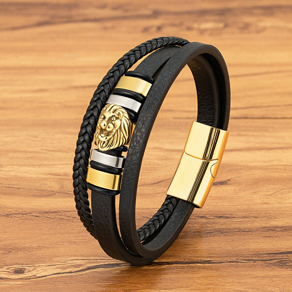Men's Lion's Head Stainless Steel Authentic Leather Weave Bracelet
