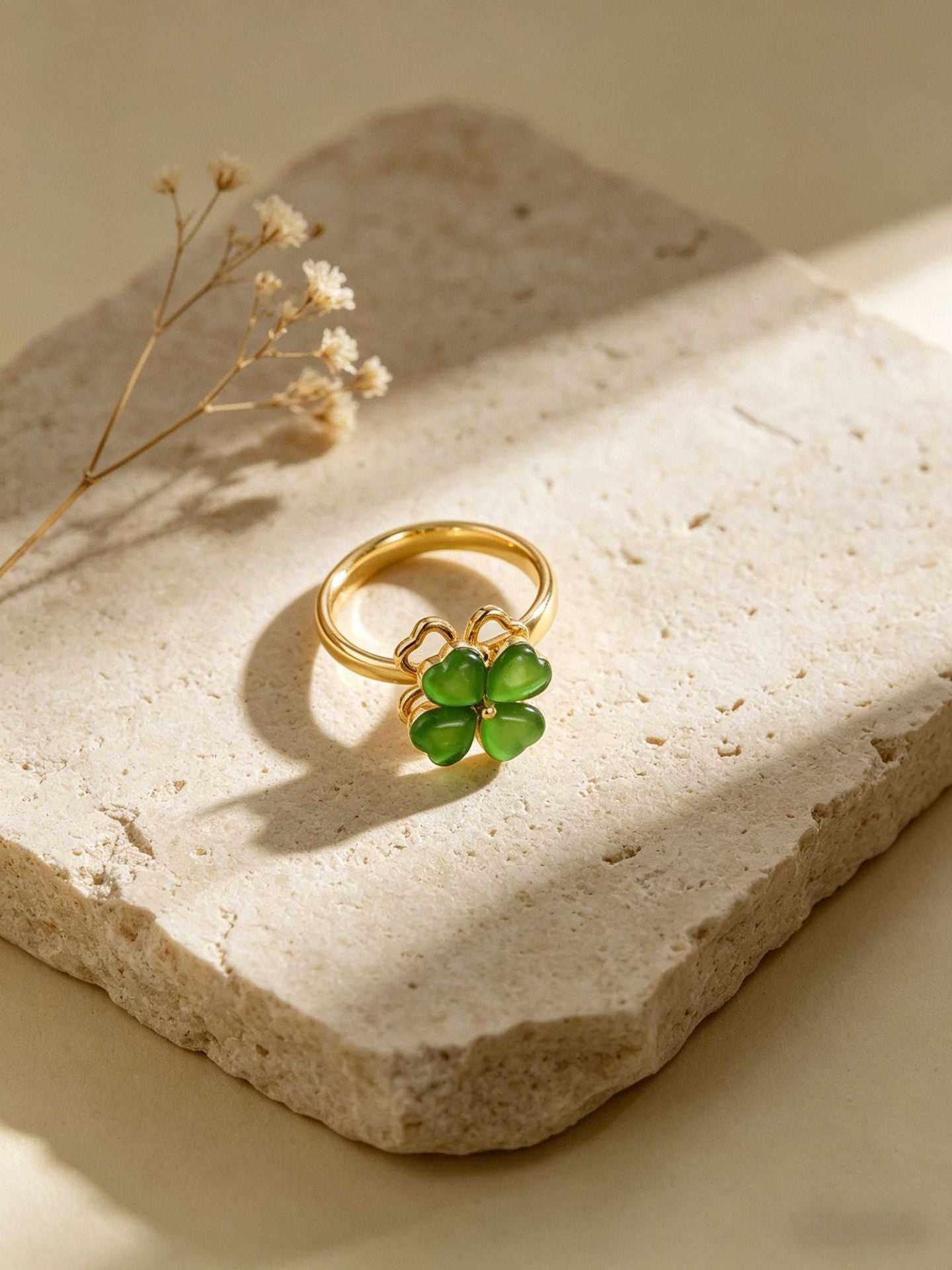 Korean Exquisite Rotatable Green Opal Four-leaf Clover Female Adjustable Ring
