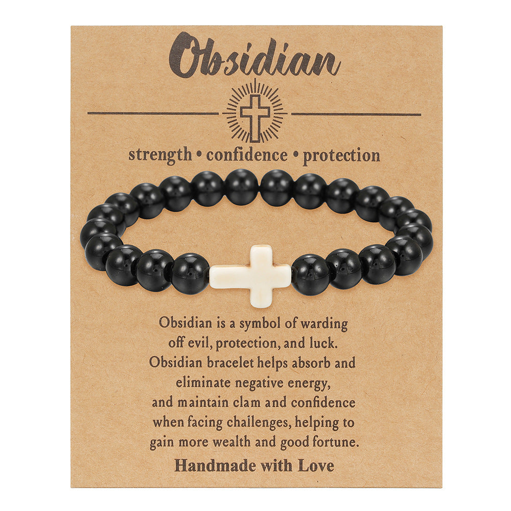 Cross Natural Stone Beaded Tigereye Volcanic Rock Adjustable Bracelet