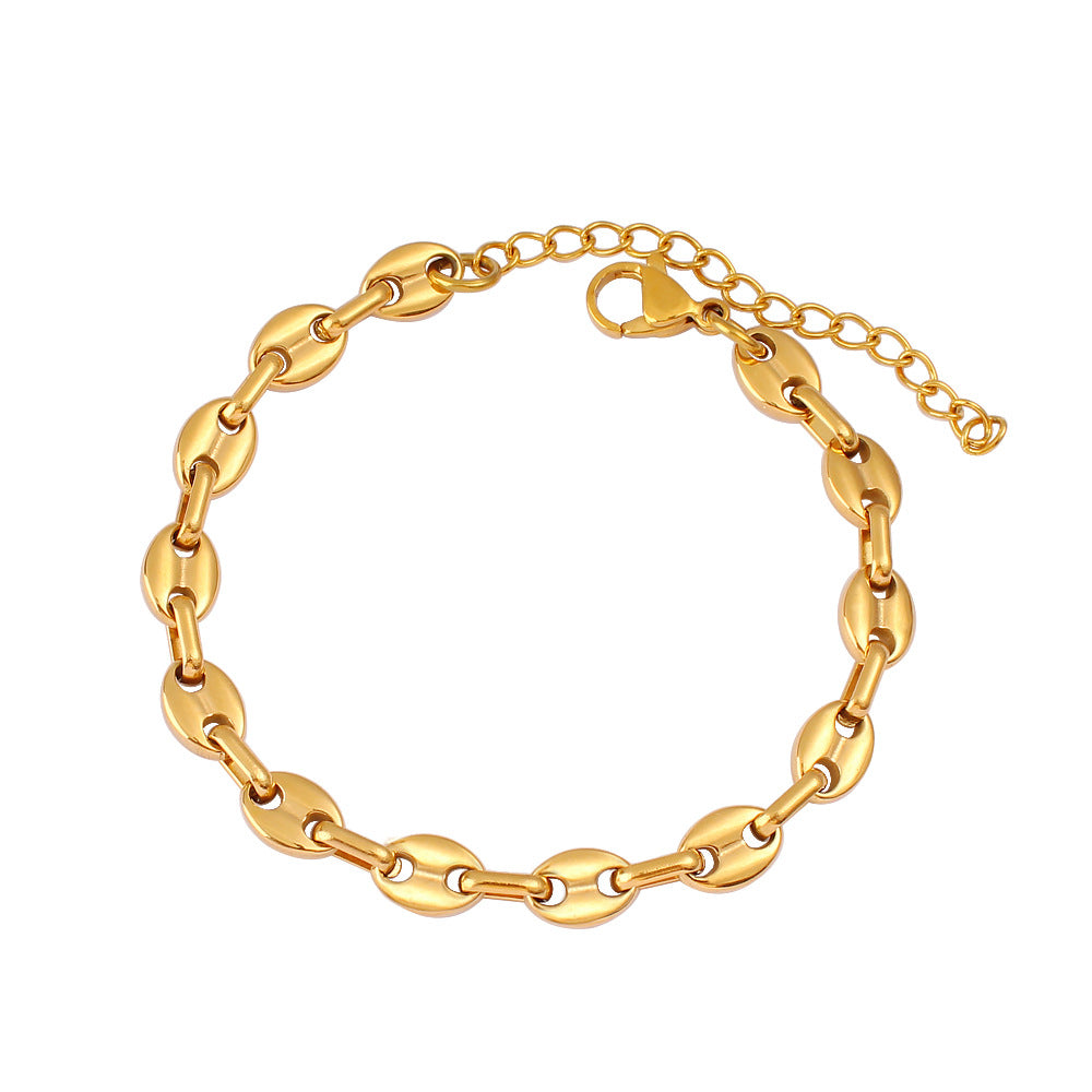 Women's & Men's Hip Hop Coffee Beans Gold Titanium Steel Pig Jewelry Set