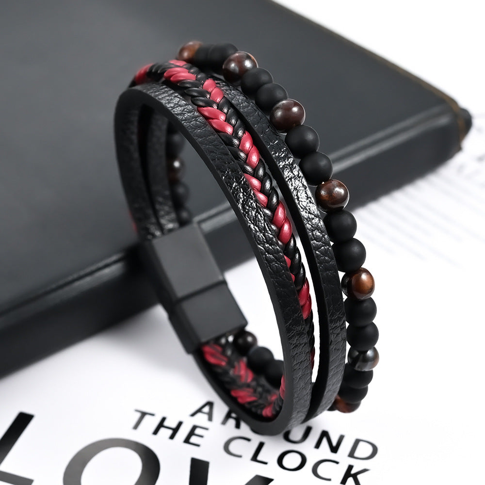 Men's Woven Natural Stone Alloy Leather Beaded Bracelets