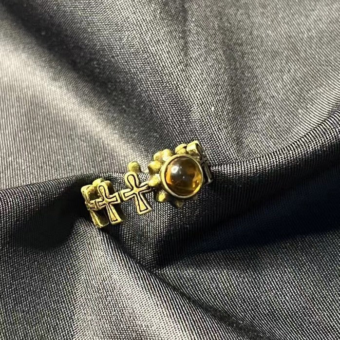 Men's Vintage Black Gold Amber Dragon Gilding Cross Apollo Ring