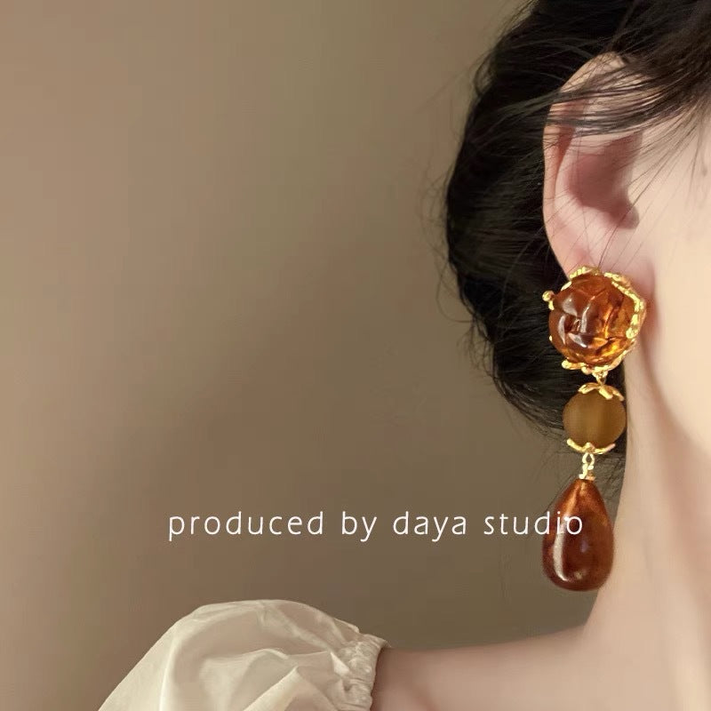 Style Amber Resin Drop-shaped Long Elegant High Earrings