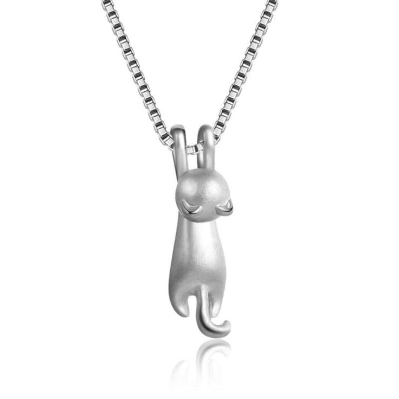Sterling Sier Cute Sandblasted Cat Korean Style Necklaces