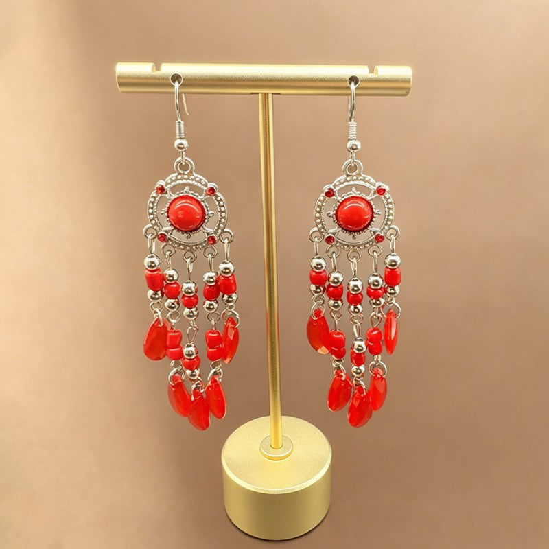 Ethnic Style Tassel Long Bohemian Crystal Yunnan Summer Earrings