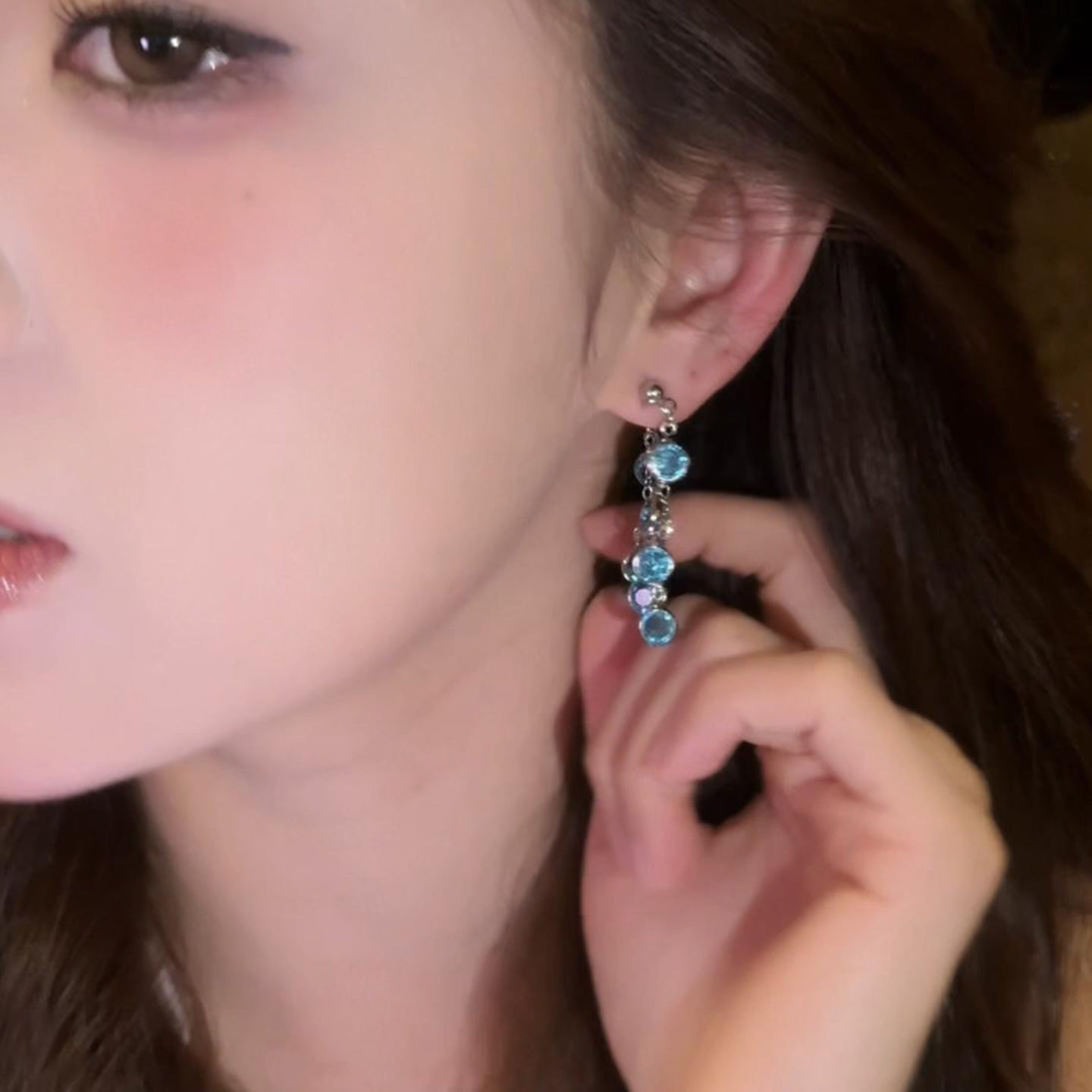 Blue Grape Crystal Tassel Square Round Face Show Little Wild Stud Earrings