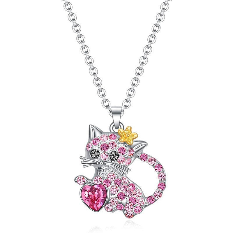 Colorful Cat Diamond Female Animal Cartoon Kitten Clavicle Necklace