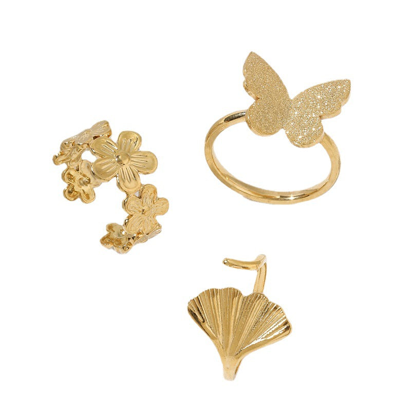 Women's Steel Ornament Three-dimensional Ginkgo Flower Butterfly Rings