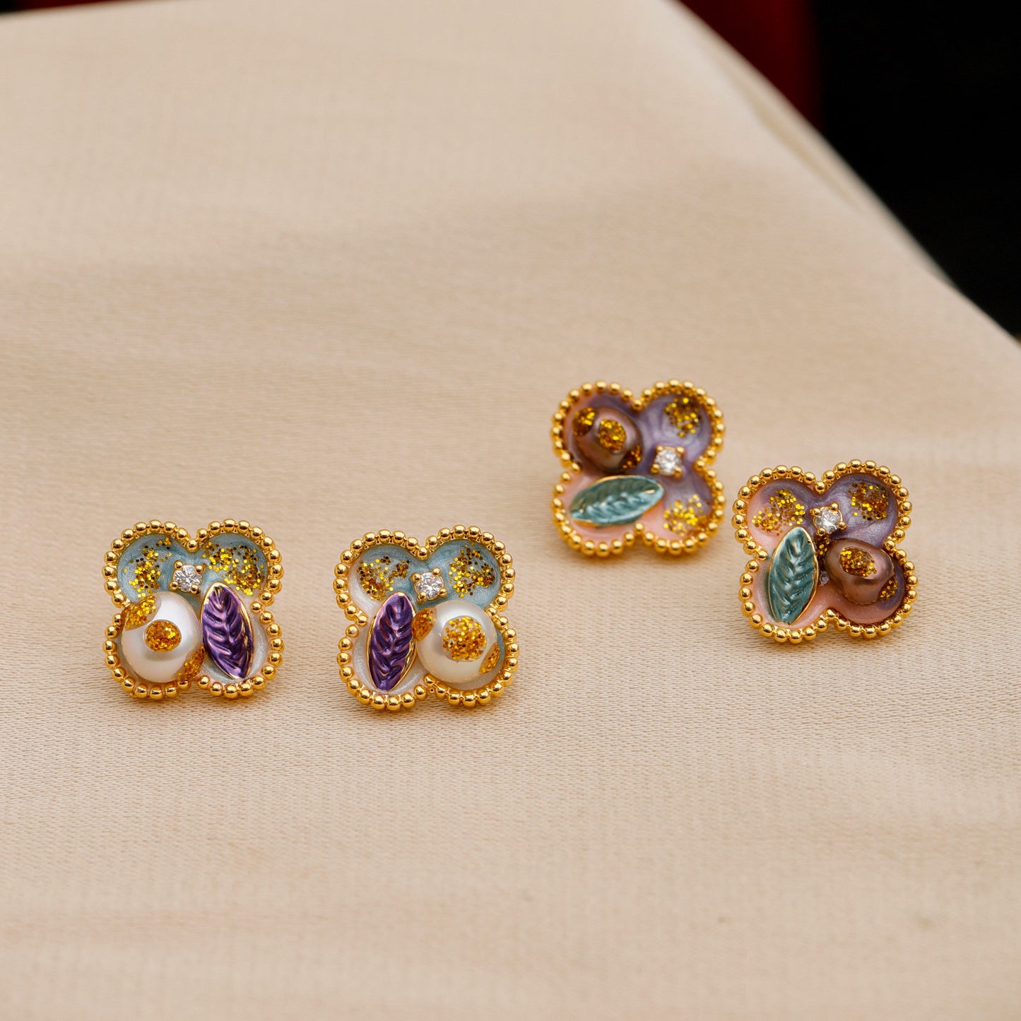 Women's Trendy Style Enamel Four Leaf Clover Ear Freshwater Rings
