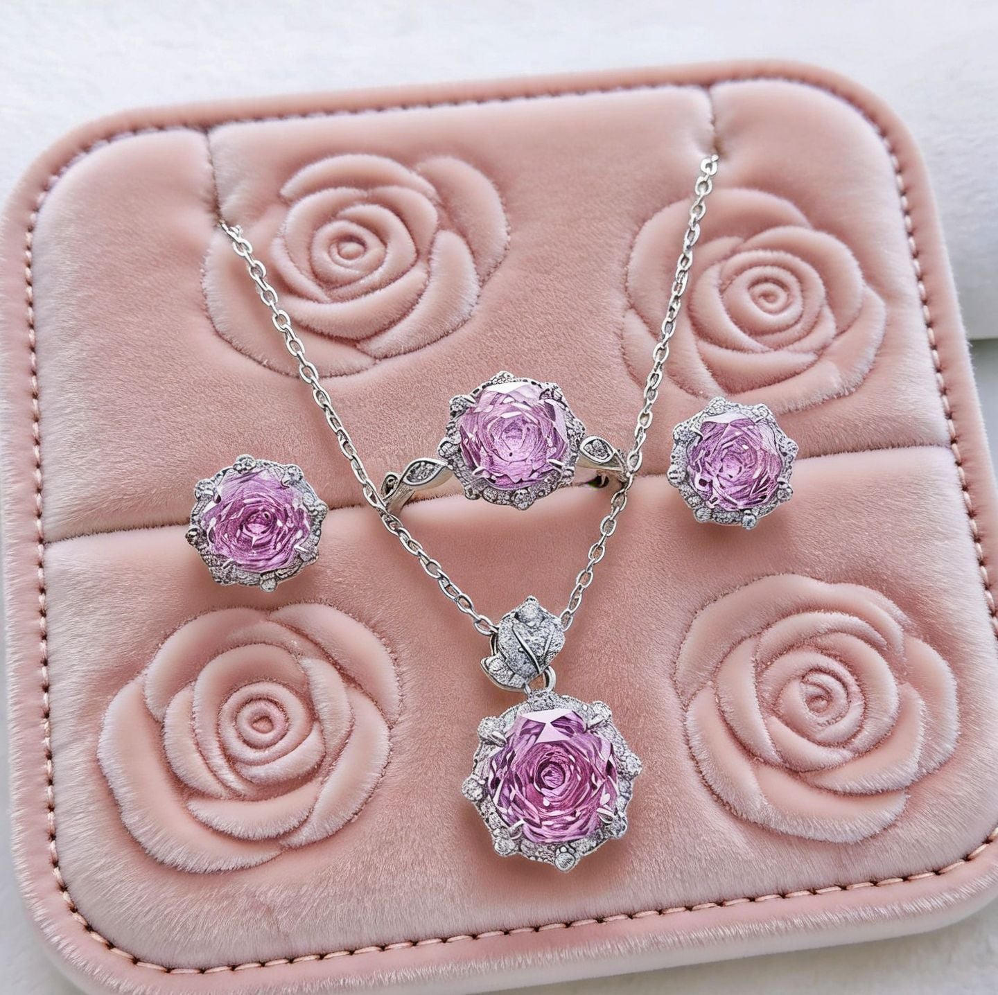 Women's Millennium Rose Cut Pink Diamond Zircon High Carbon Rhinestone Ear Jewelry Set