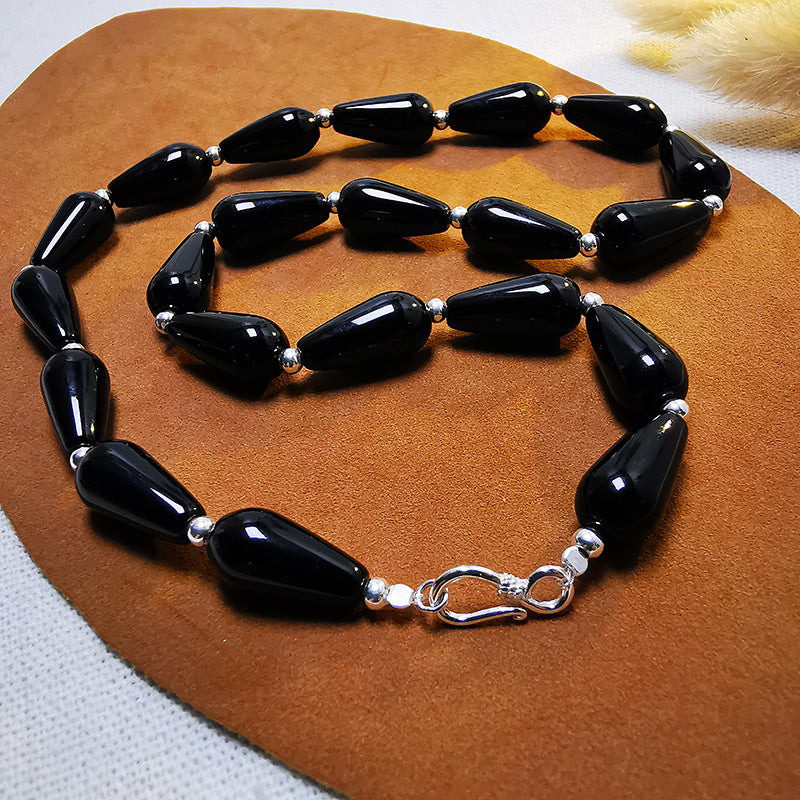 Colliers d'eau en agate noire naturelle pour femmes, hommes et argent