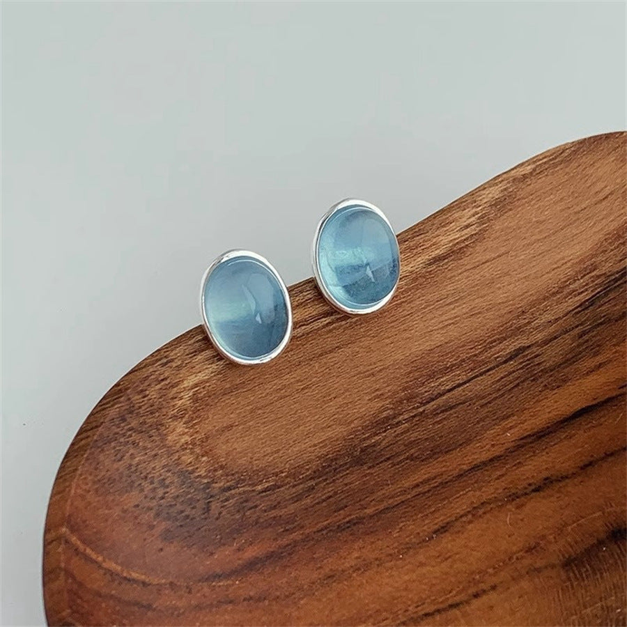 Women's Oval Aquamarine For Sterling Sier Temperamental Frosty Style Design Stud Earrings