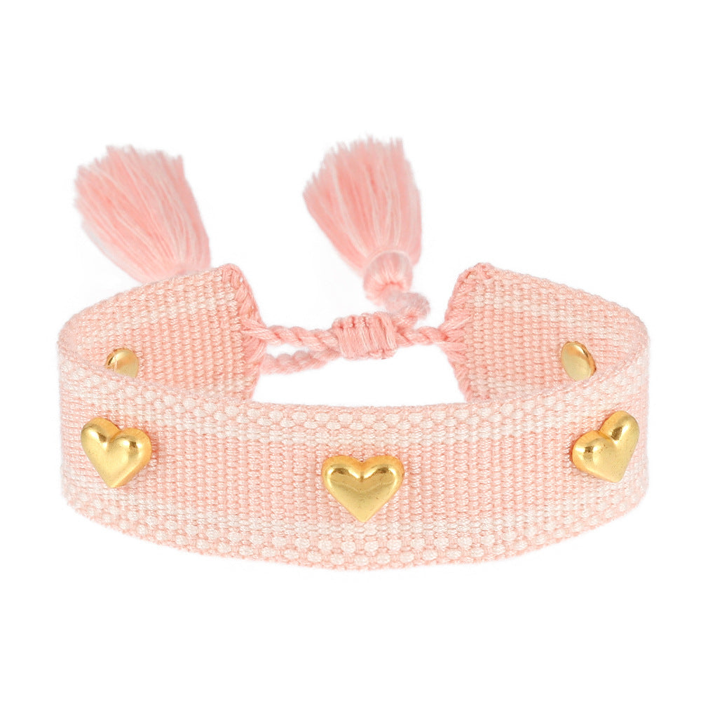 Couple Golden Heart-shaped Carrying Strap Hand-woven Tassel Bracelets