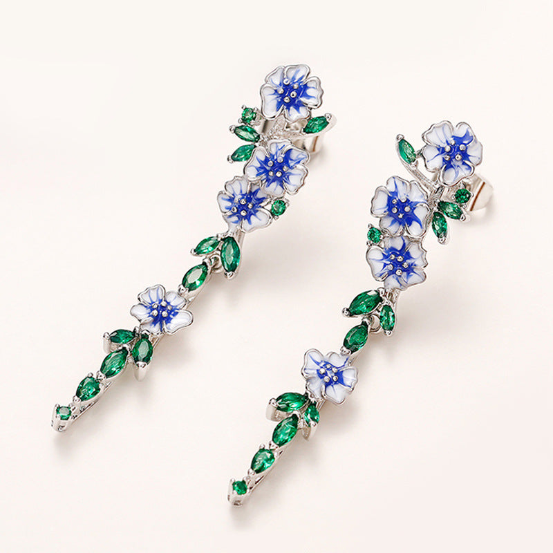 Long Female Temperament Summer Glaze Flowers Zircon Earrings