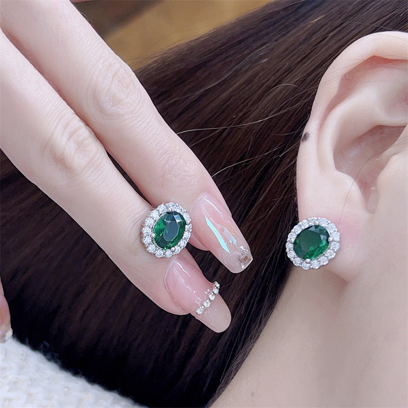 Women's Clavicle Emerald Chain Sterling Sier Gemstone Inlaid Zircon Jewelry Set