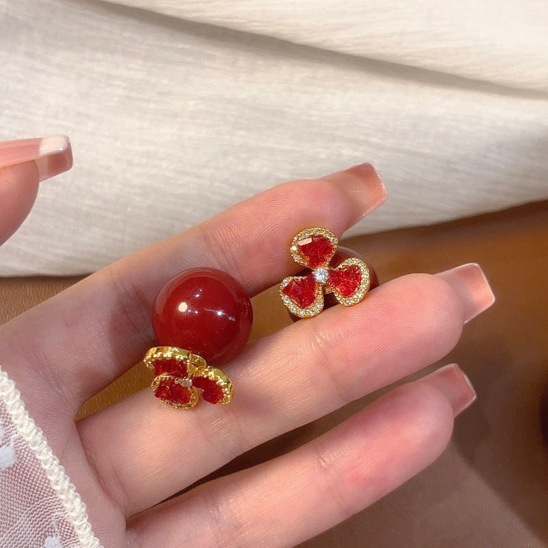 Red Zircon Flower Large Pearl Advanced Earrings