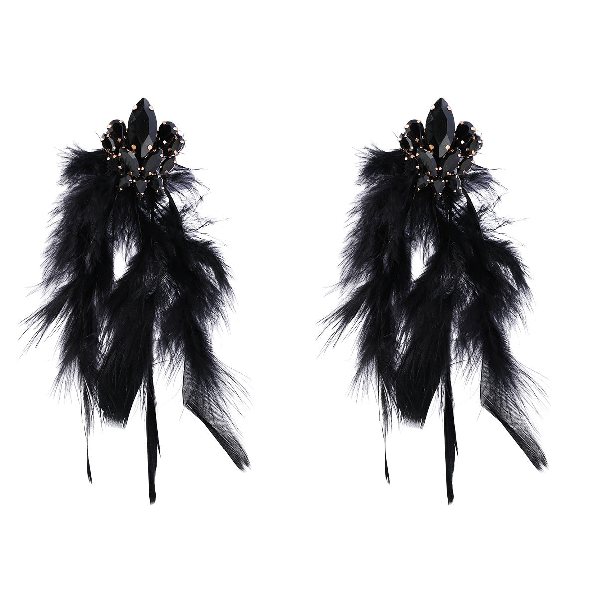 Boucles d'oreilles femme à pompon en plumes longues et fleur de diamant