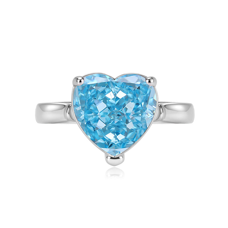 Live Pink Heart-shaped Navy Blue High Carbon Diamond Ice Flower Ring