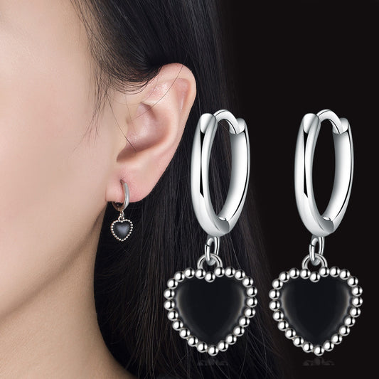 Black Epoxy Love Heart Ear Clip Female Niche Cute Earrings