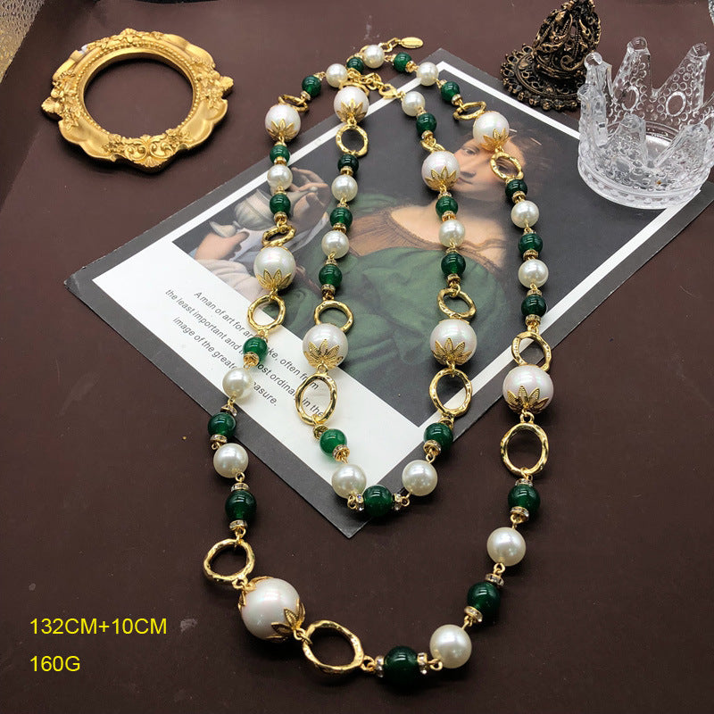 Retro Court Long Winding Green Agate Horse Shell Round Necklaces