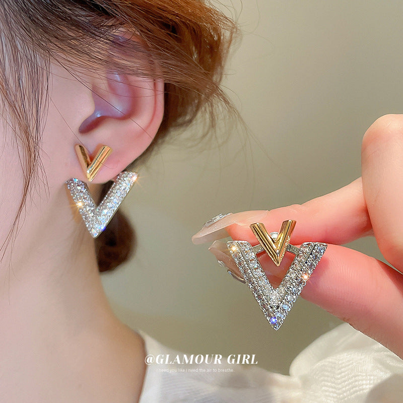 Gold Electroplated Sier Needle Style French Full Diamond One Earrings