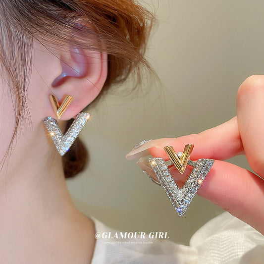 Gold Electroplated Sier Needle Style French Full Diamond One Earrings