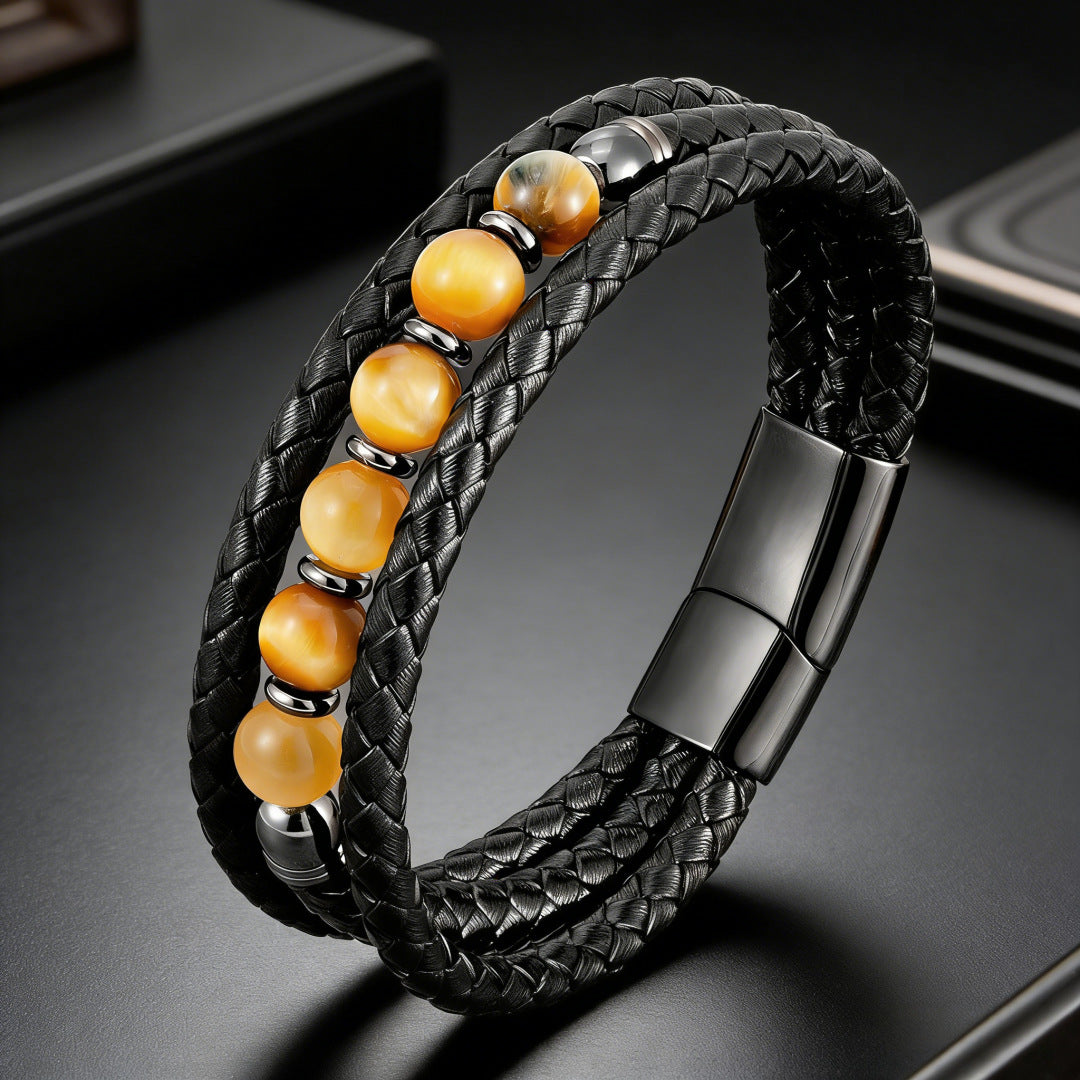 Men's Woven Leather Color Beaded Source Bracelets