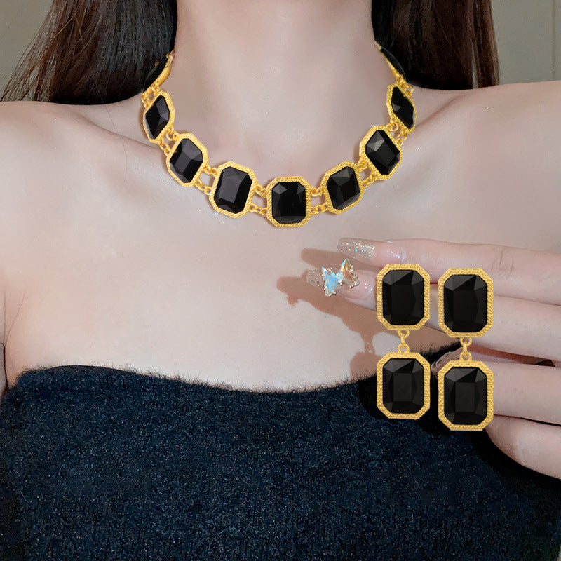 Black Agate Geometric Gem Retro Exaggerated Jewelry Set