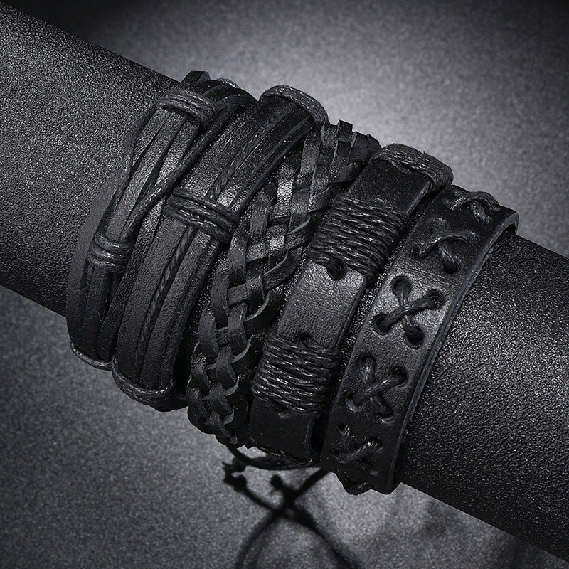 Men's Handmade Black Leather Set Combination Suit Bracelets