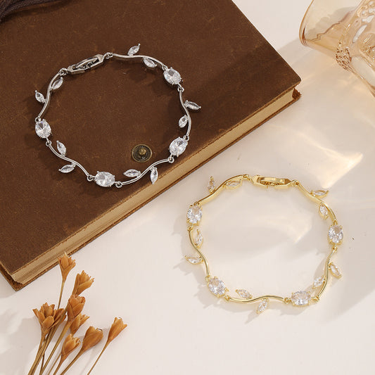 Light Luxury Vine Leaf Zircon Female Niche Design Rhinestone White Bracelets