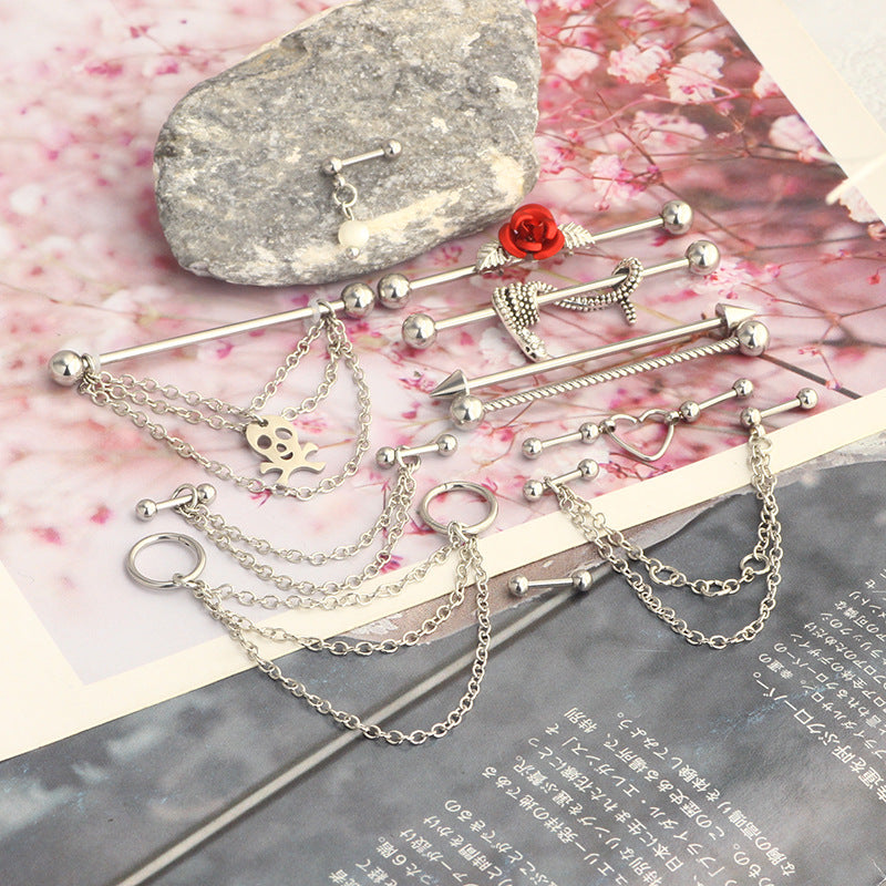 Industrial Rod Ear Bone Gem Flower Snake Chain Stud Earrings