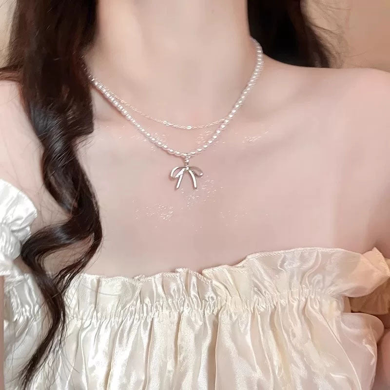 Bead Bow Double Layer Twin Female Light Luxury Minority Clavicle Necklace